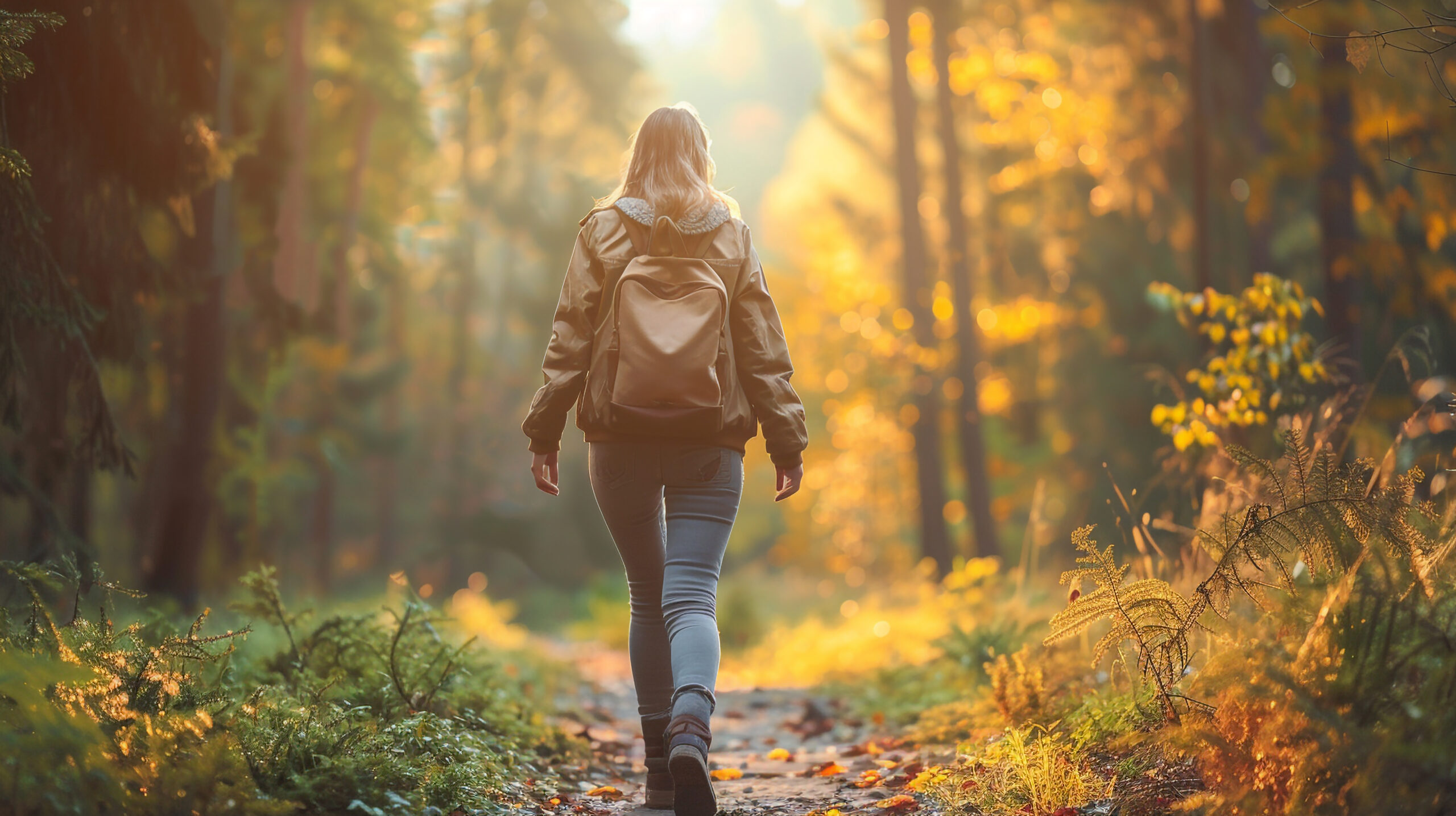 Aurora therapist care for mind and body — a woman practicing mindfulness on a walk, representing whole-person psychotherapy and wellness at Aurora Village Therapy, Aurora Ontario